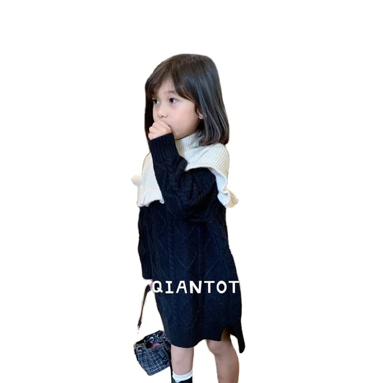 

Girls' Sweater Autumn Winter 2021 New Children's Ruffle Round Neck Splicing Long Knitted Sweater