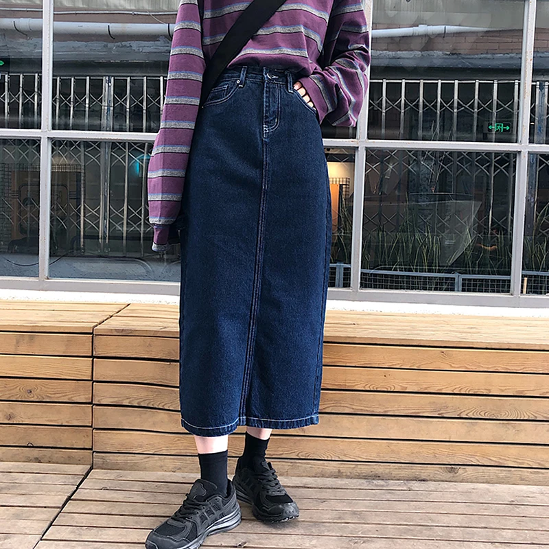 Уличная одежда шикарные длинные джинсовые юбки женские с высокой талией и