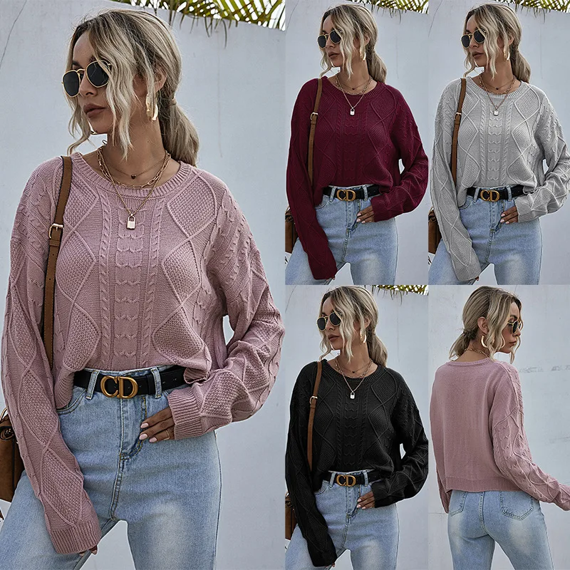 

Donsignet Fashion Women's Sweater Autumn Casual Hot Sale Round Neck Pullover Solid Color Loose Twist Knit Long Sleeve Sweater