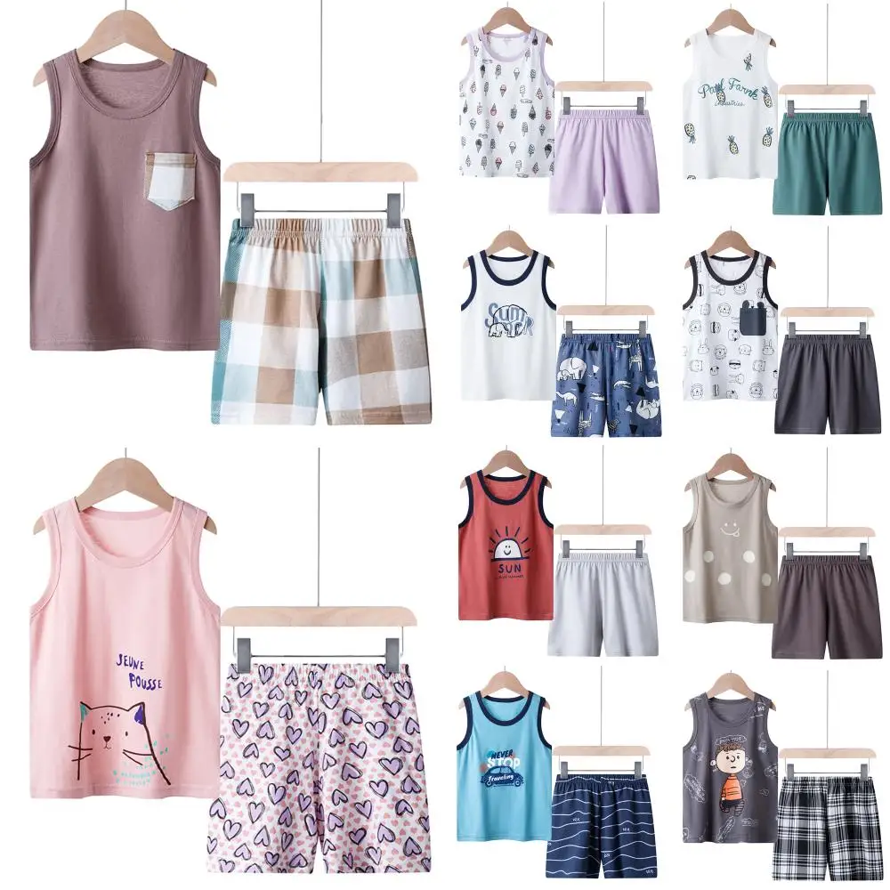 

Kids Sleeveless O Neck Vest Cotton T-shirt Shorts Set Summer Boys Girls Casual Sport Suit Cartoon Printed shirt