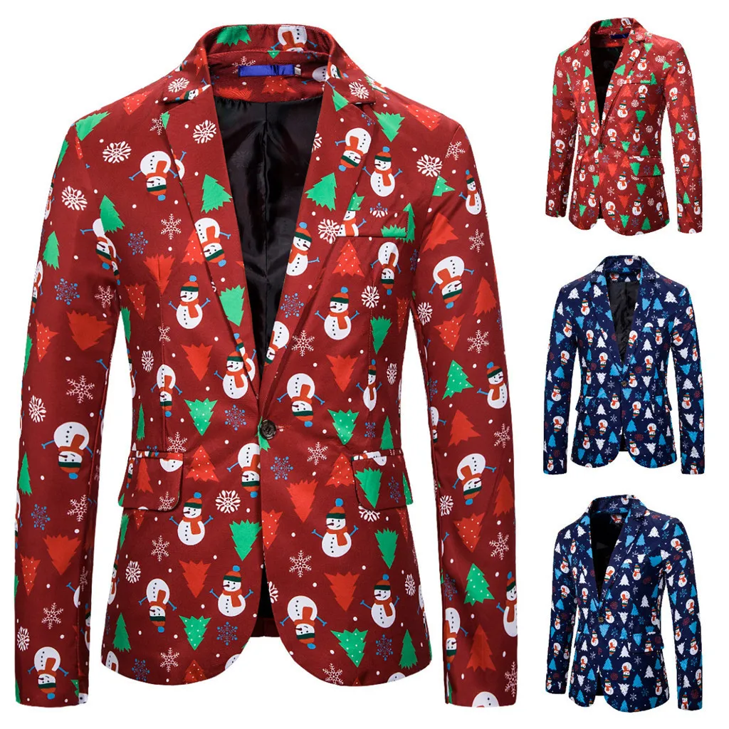 

Vogue Fashionable Men's Christmas Blazer Slim Fit Stylish Party Banquet Cute Playful Single Buckle Long Sleeve Print Keep Warm