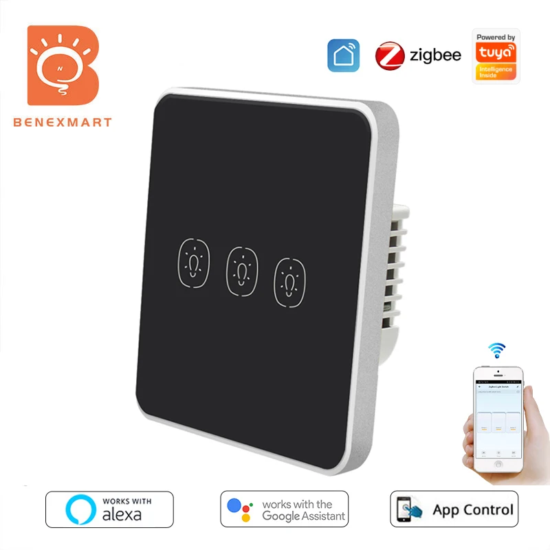 

Настенный выключатель света Benexmart Zigbee 3,0, черный сенсорный выключатель без нейтрального прерывателя, с управлением через приложение, Alexa Google...