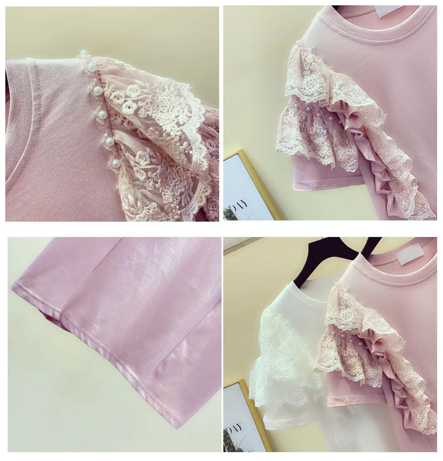 Лето 2020 новинка корейские милые кружевные топы с рюшами жемчужные футболки