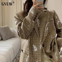 gvuw womens blazer 2021 autumn plaid sequin suit coat laple collar loose british clother buttons for clothing new arrival