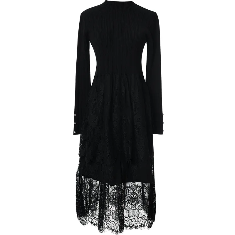 

2020 Winter Fashion Ladies Stand-Up Collar Stitching Lace Mesh Slim Knit Dress Long Sleeve Women'S Clothing