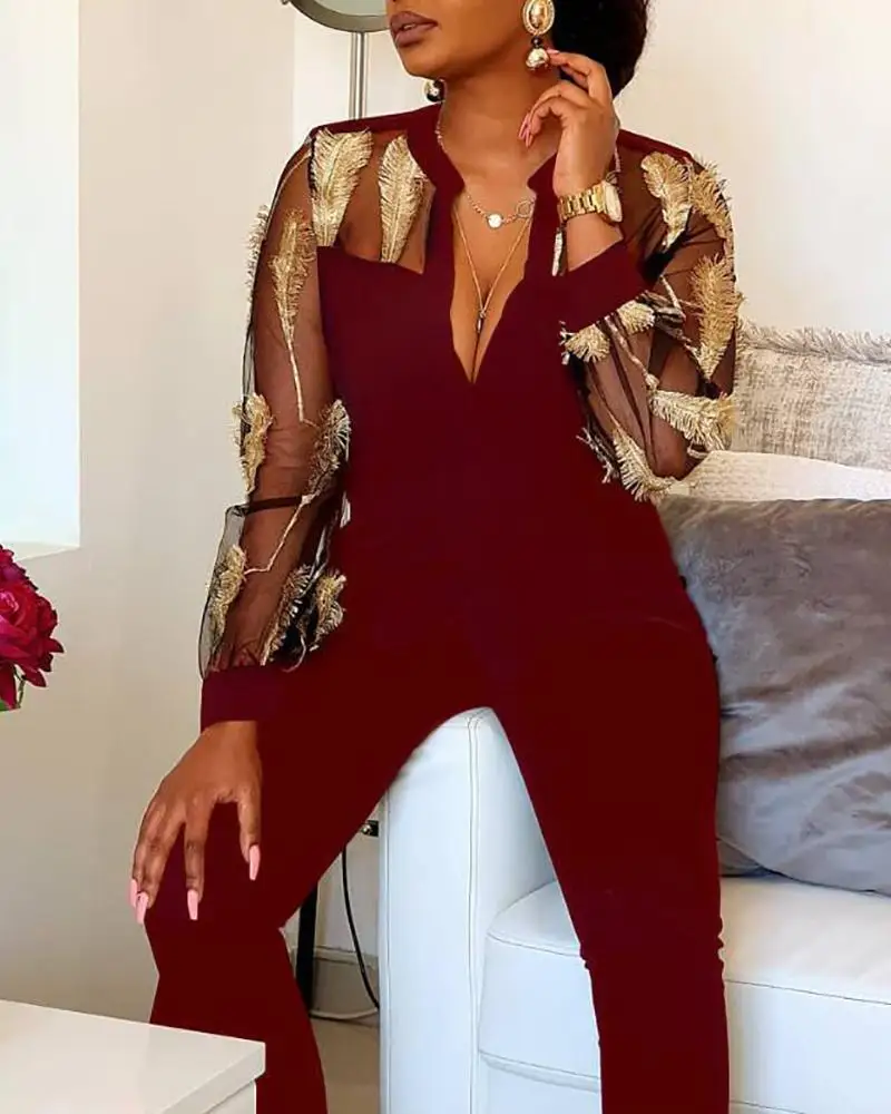 

Solid Color Feather Embroidery Jumpsuits Streetwear Women Sexy Sheer Mesh Insert Plunge Jumpsuit