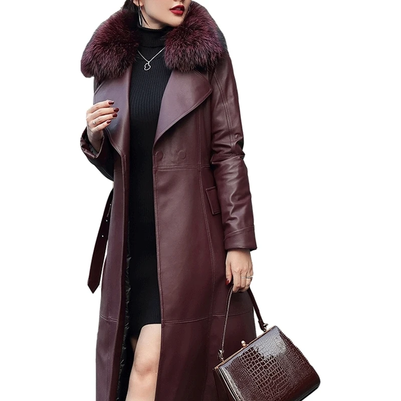 

JCBC 2021 Long Genuine Leather Jacket Women Sheepskin Coat Female Warm 90% White Duck Down Jackets Fox Fur Collar Femme Veste