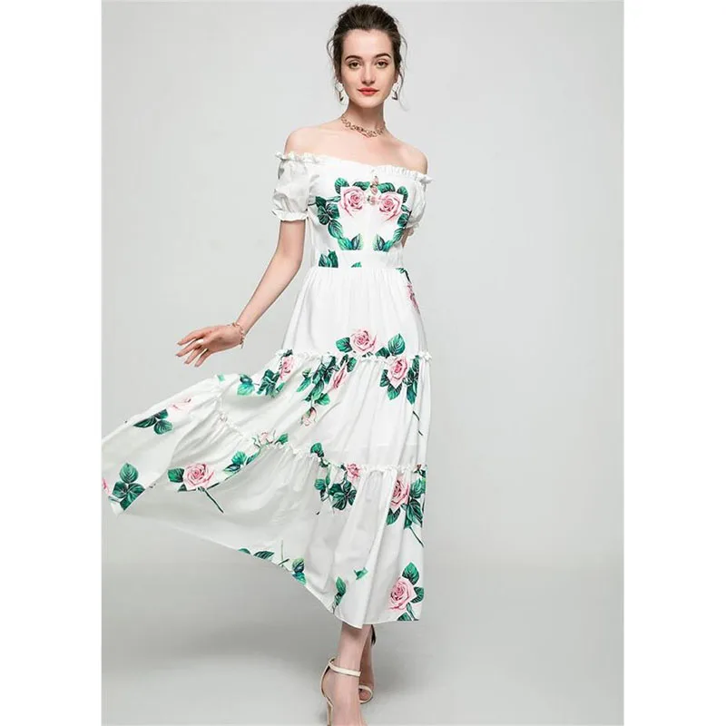 

Women Dress High Quality New Fashion Runway Summer Off Shoulder Short Sleeves Floral Print Casual Dresses Beach Vestidos NP1547N