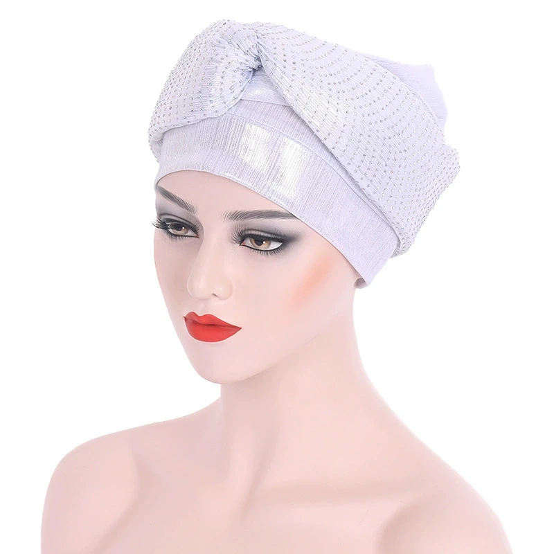 

2022 New Rhinestone Silver Color Auto Gele Headtie Turbans Caps For Women Hat Female Head Wraps Muslim Scarf Islamic Head Wear