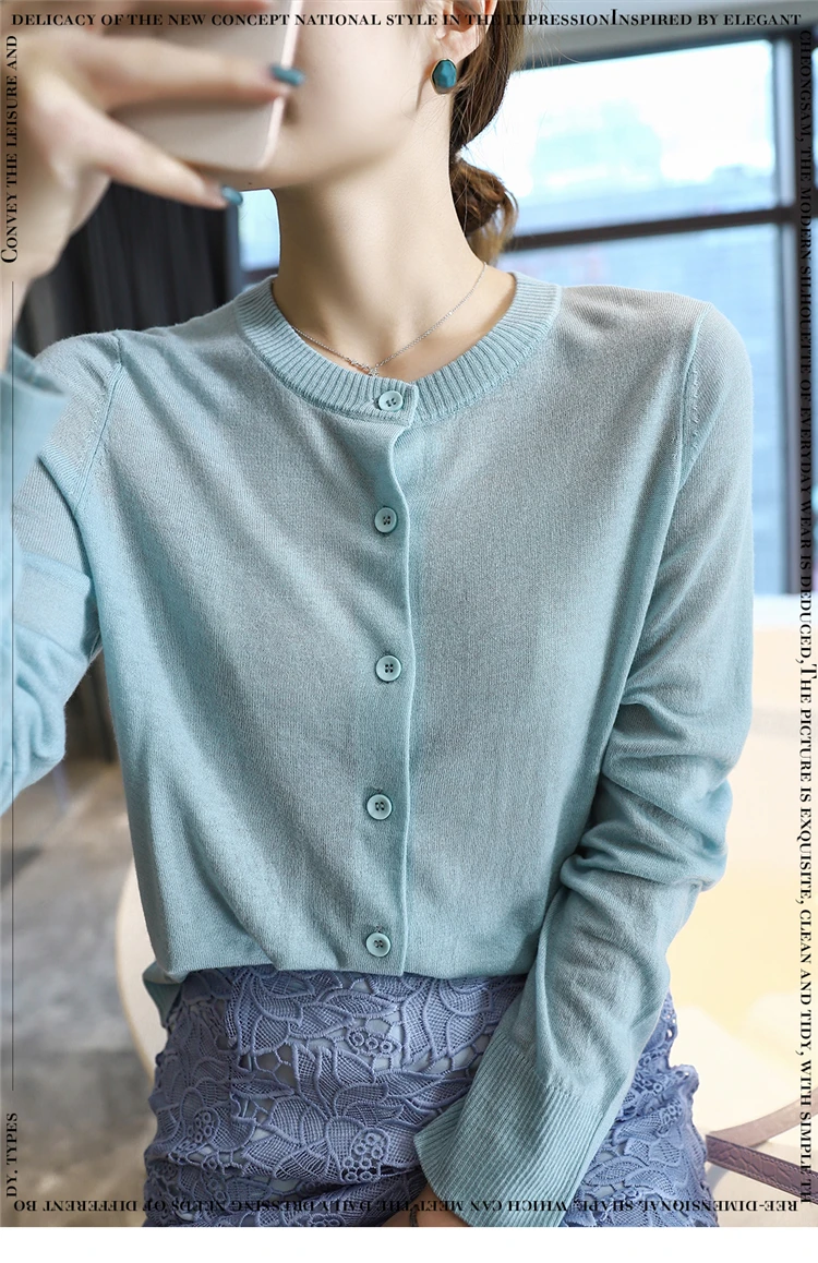 

Pink Pet water soluble wool knitted cardigan ultra-thin light blue round neck loose outer coat