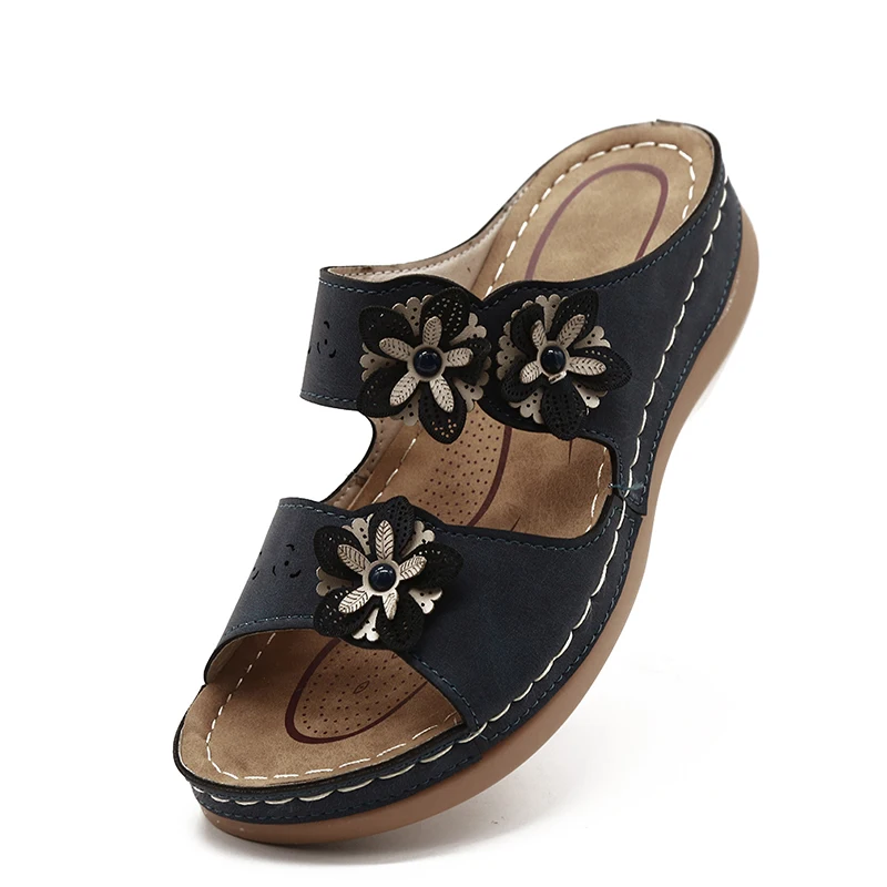 

Women Plus Size Sandals PU Sewing Med Heels Rome Slip On Casual Gladiator Flowers Female Wedges Shoes