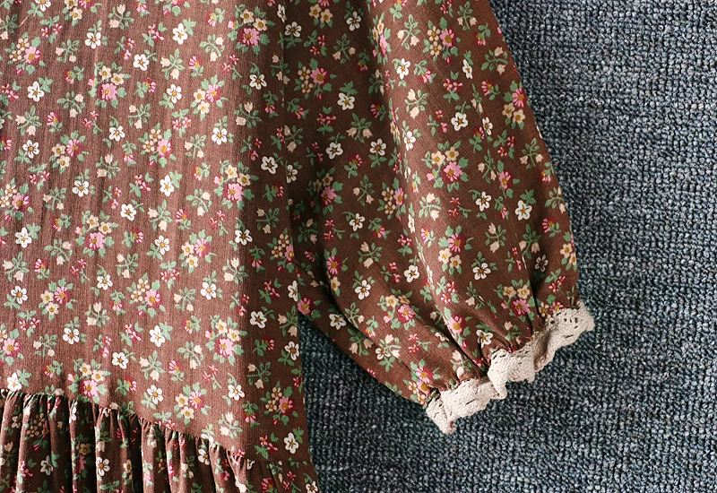 

New Summer Women Cotton and linen Dress Japan Style Mori Girl O-Neck Double Ruffle Floral Print Short Sleeve Loose Dress Women