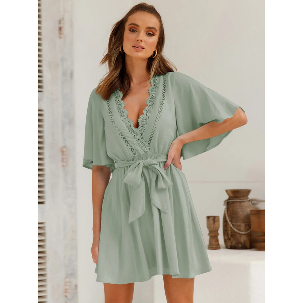 

New Design Good Quality Factory Price Fashion Hot Selling Women's Lace Stitching V-Neck Solid Color Flared Sleeve Dress