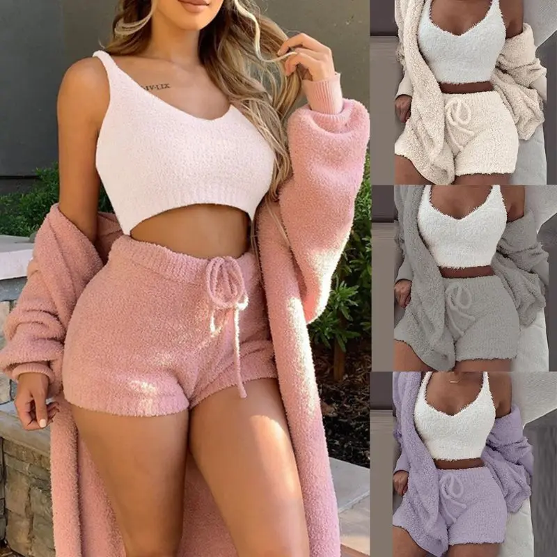 3 шт./компл. зимний сексуальный женский домашний костюм Повседневная Пижама с