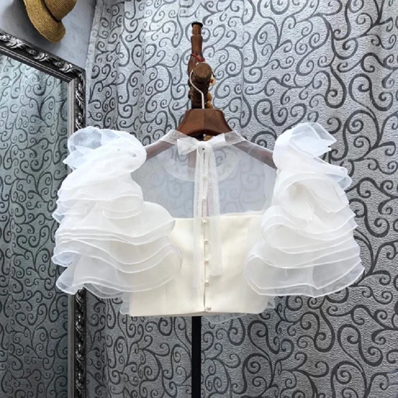 

2020 Autumn Fashion Crop Tops High Quality Ladies Stand Neck Cascading Ruffle Flower Deco Short Sleeve Casual Sexy White Tops