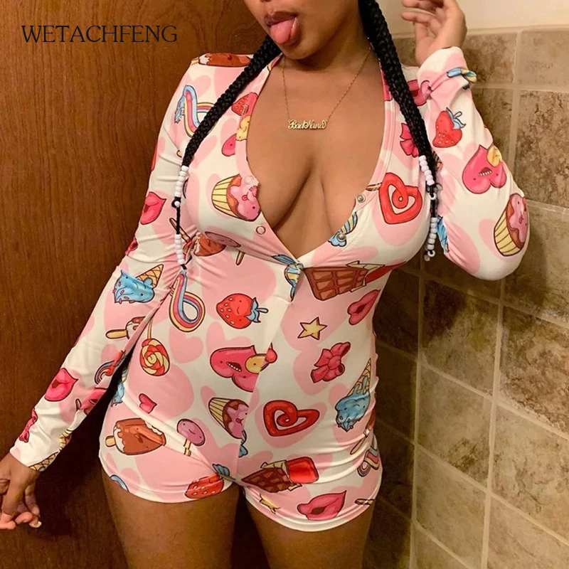 

Sexy Print Cute Cartoon Leotard Women Bodysuit Deep V Neck Fitness Biker Shorts Romper Pajames 2020 Overalls Jumpsuit Clothes