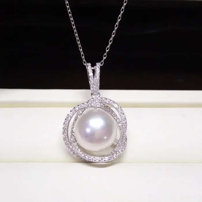 

Lovely 11-12mm south sea white flat pearl necklace pendant silver 18inch