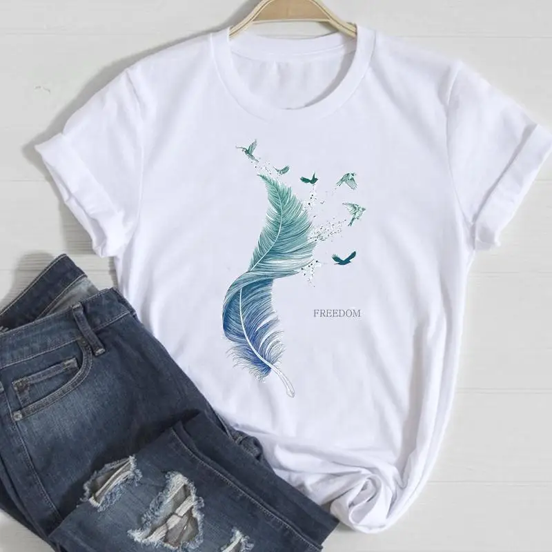 

Women Short Sleeve Feather 90s Style 2021 Fashion Cartoon Summer Graphic T Top Lady Print Tee Female Tshirts Clothes T-Shirt