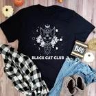 Черная кошка клуб 100% хлопковая Футболка Готический кошка Сфинкс подарок футболка эстетику для женщин в стиле бохо; Фазы Луны являются элементами в готическом стиле топ, футболка, рубашка