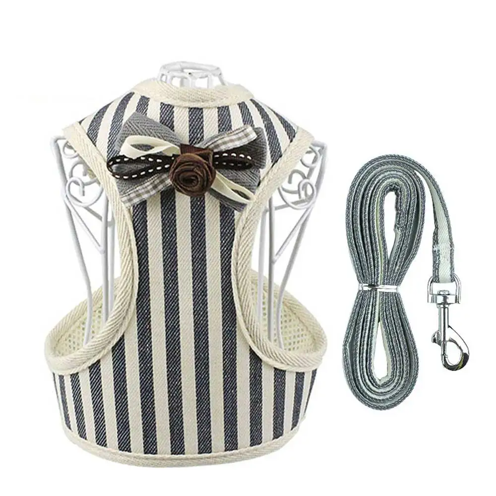 gray stripe Harness Поводок для собак, кошек, поводок, мягкая сетка, для питомцев, для щенков, набор с колокольчиком, милый кружевной жилет для питомцев, для маленьких и средних собак, чихуахуа, Йоркцев, Тедди, Xs-XL - Цвет: gray stripe Harness