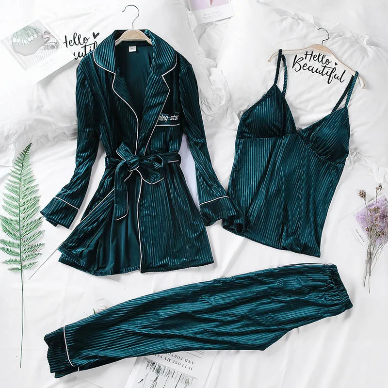 Green Женские пижамы, модные пижамные комплекты, золотой бархат, 3 штуки, свободные пижамы большого размера с длинным рукавом, сексуальная теплая зимняя домашняя одежда - Цвет: Green