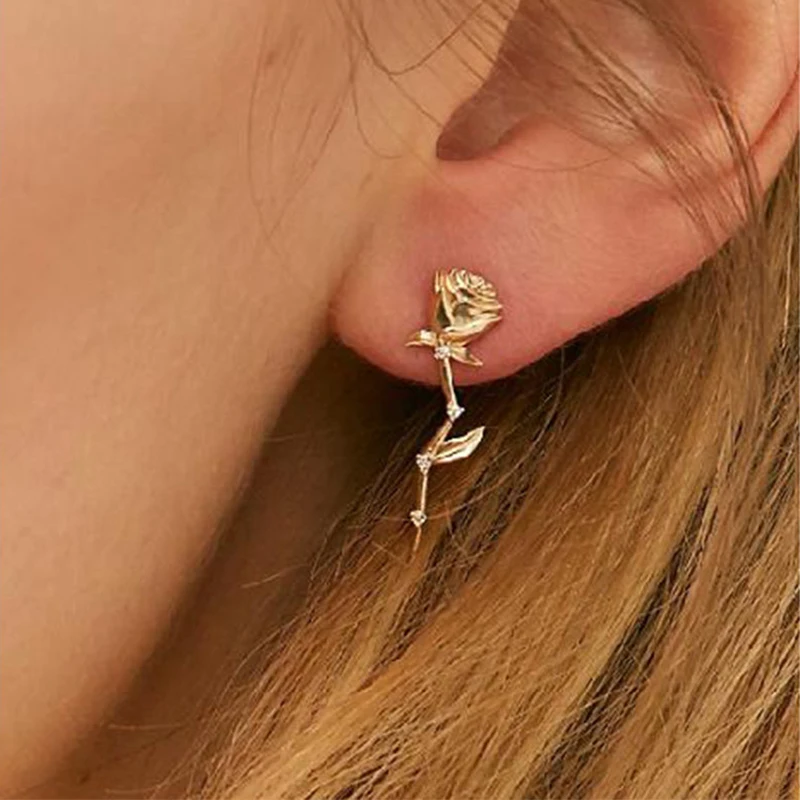 Женские серьги-гвоздики с резным узором Rhinstone золотистые розовым цветком модные