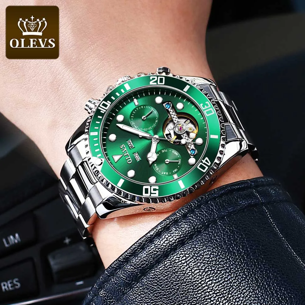 OLEVS Green Water Ghost мужские часы Топ люксовый бренд Stailness стальные автоматические