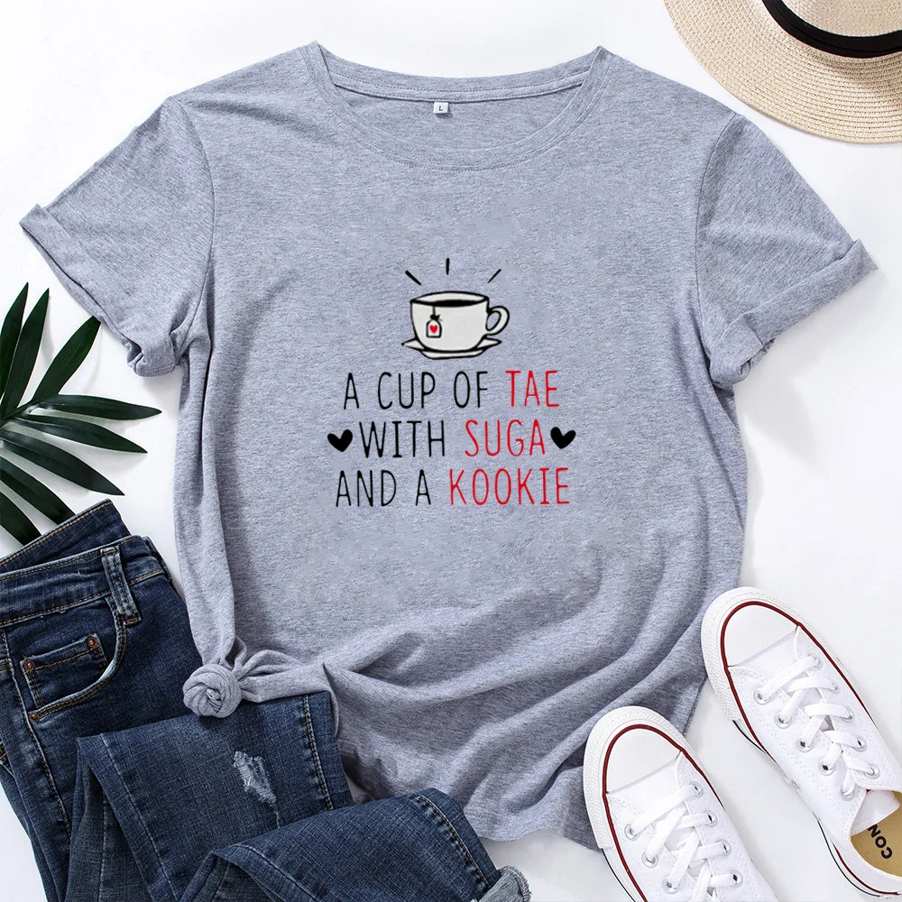 A CUP OF TAE WITH SUGA Graphic Tees Women Black Red Letters Funny T Shirts Women Casual Short-sleeved Tshirts Women Cotton