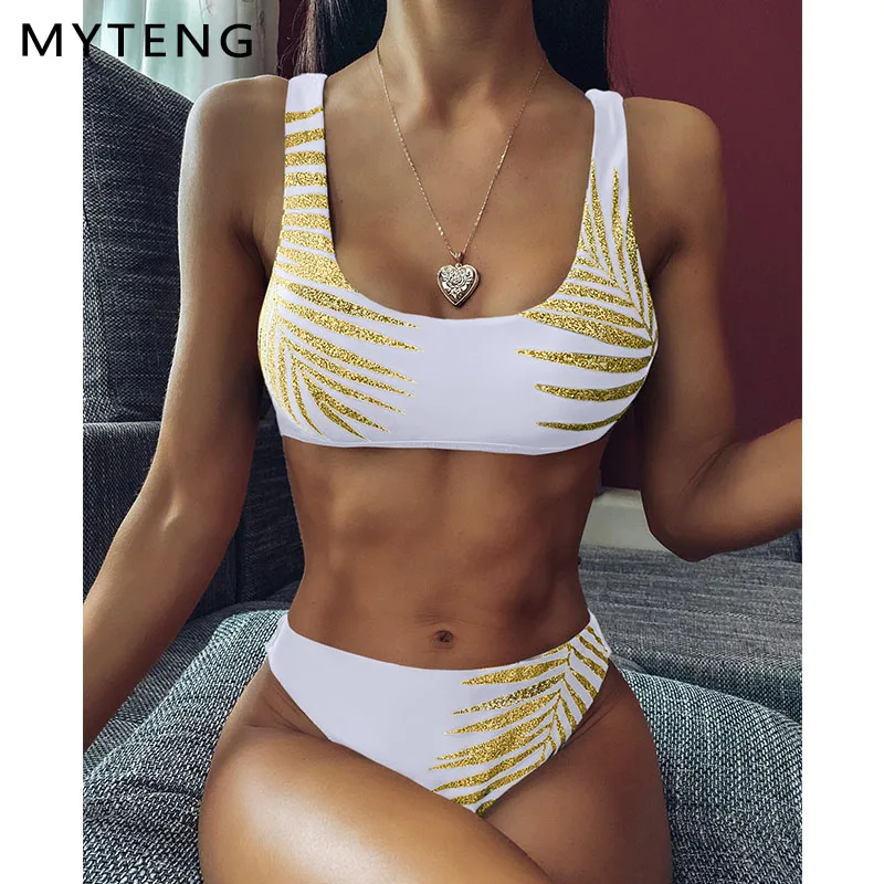 Соблазнительное бикини женский купальник с принтом золотых листьев из двух