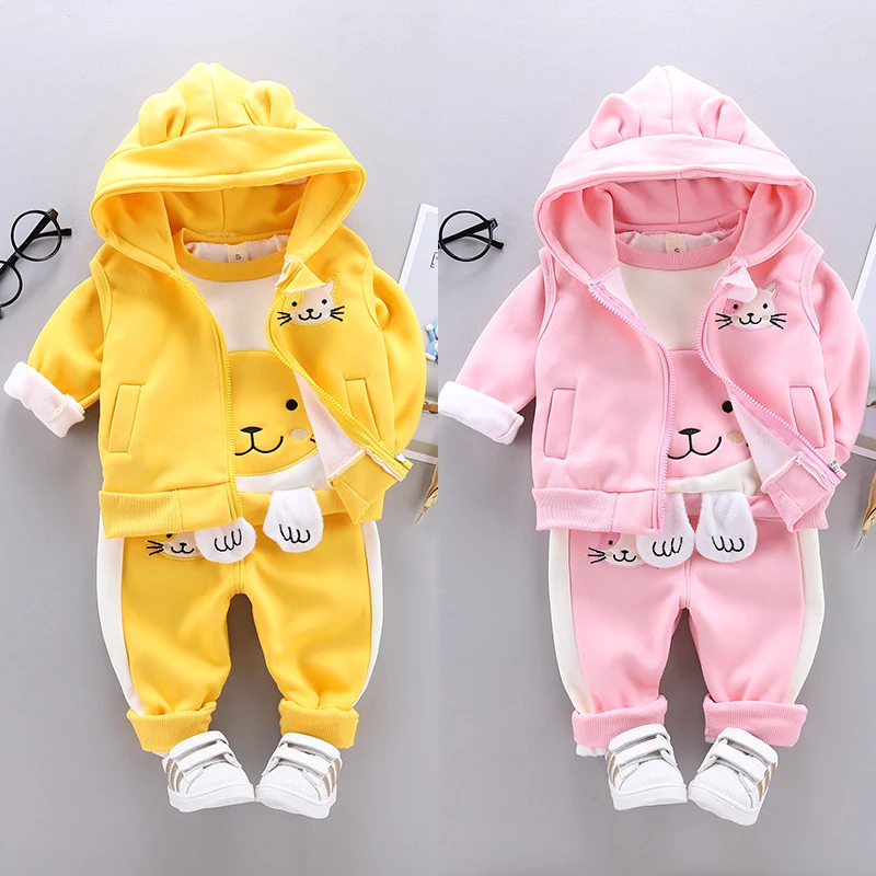 

Baby Girls Clothing Set Winter Warm Plus Velvet Cartoon Cat Casual Suit For Girl Coat + Shirt + Pants 3Pcs Toddler Kids Clothes