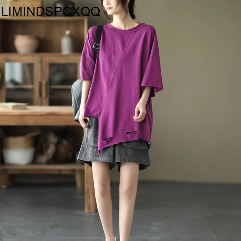 

LIMINDSPCXQQ Summer Casual Style 2021 Women Solid Color Loose Purple Tee Ladies Holes Irregular Design Tops Girls Cotton T-shirt