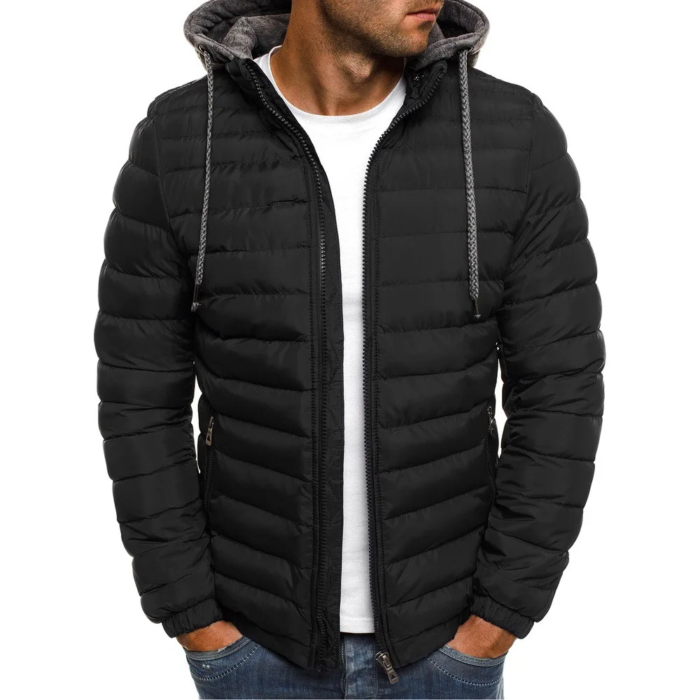 

Men's Hooded Parka Thick Warm Winter Casual Wind Proof Male Cotton Stripe Zipper Solid Washable Coat
