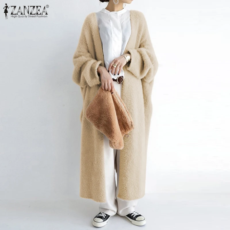 Куртка ZANZEA Женская пушистая с длинным рукавом и искусственным мехом