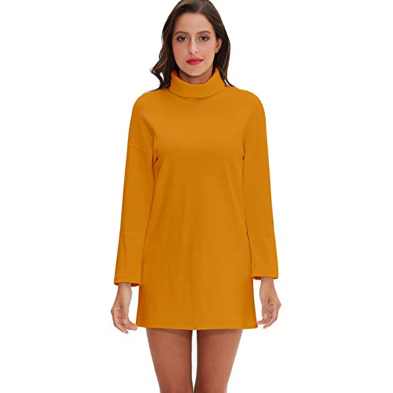 Однотонное зимнее платье туника с высоким воротом хлопковое Ребристое мини