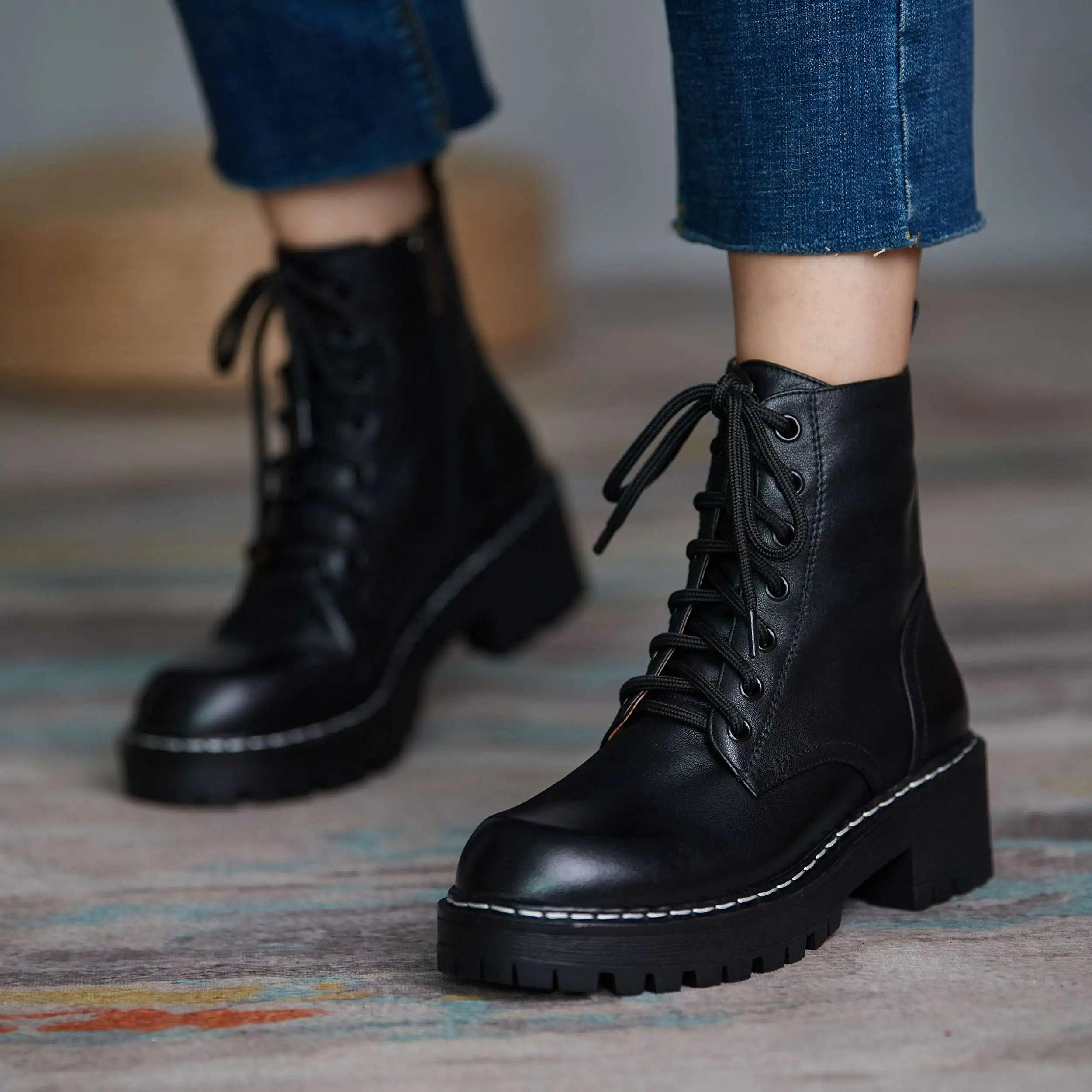 

Lenkisen motorcycle boots real cow leather sewing platform thick med heel round toe lace up handsome young lady ankle boots L71