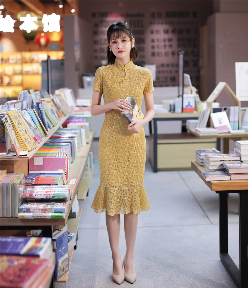

Женская обувь желтого цвета с геометрическим узором, кружевное платье с юбкой-годе Qipao платья платье для банкета, элегантное китайское плат...
