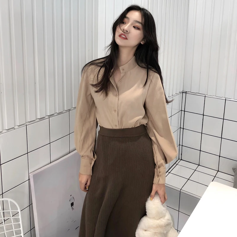 

JXMYY Vintage Stand Collar Lantern Sleeve Blouse Shirt Women Single Breasted Solid Retro Tops Shirts femme chemise 2020
