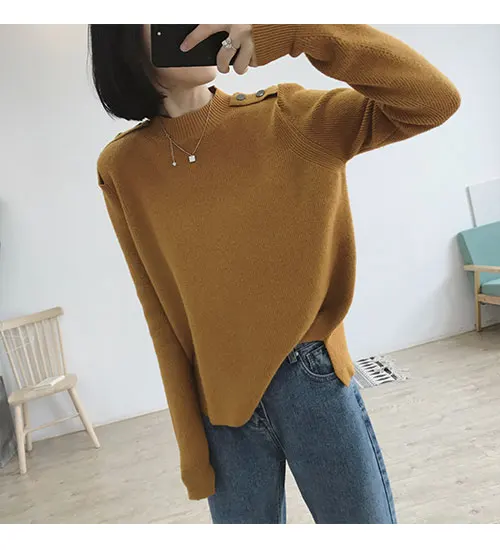 caramel colour Neploe осень зима пуловер с круглым вырезом свитер женский однотонный длинный рукав плечо кнопка Pull Femme трикотажный крест Топ 46827 - Цвет: caramel colour