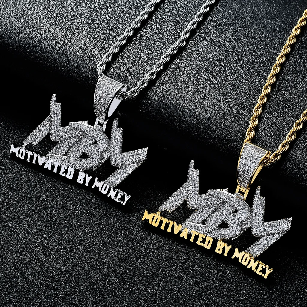 

Iced Out Zircon Letter Motivated By Money Pendant Necklace Two Tone Plated Micro Paved Lab Diamond Bling Hip Hop Jewelry Gift