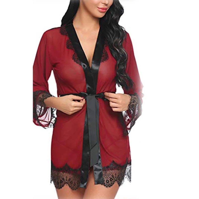 

Womens Plus Size Sexy See Through Mesh Lingerie Bath Robe Contrast Color Eyelash Floral Lace Patchwork Nightgown Satin B