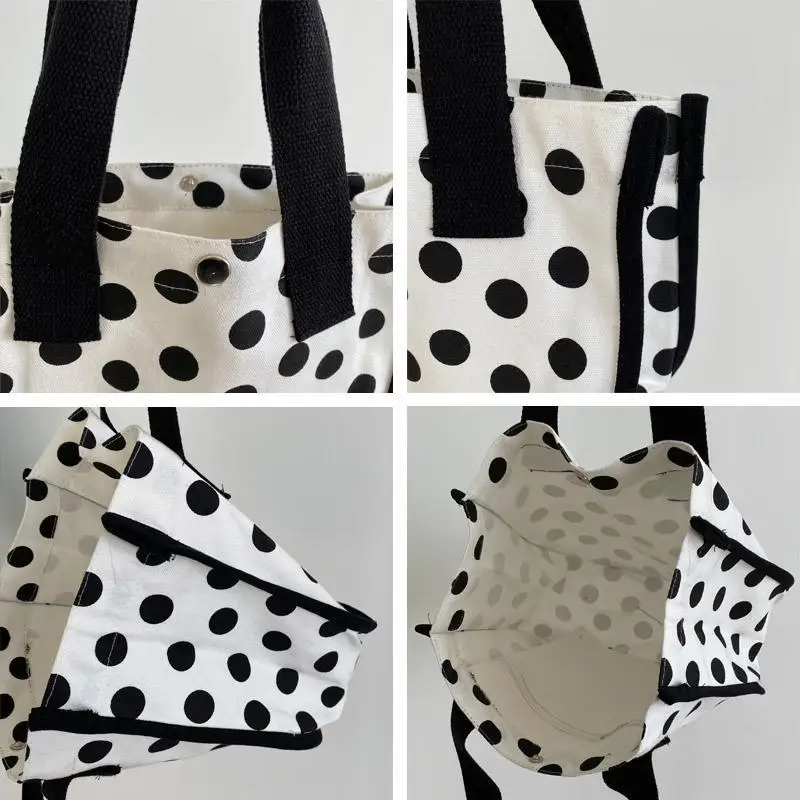 

Top-handle Bags Polka Dot Students Harajuku Simple Vintage Korean Style Lunch Canvas Casual Totes Women Fashion Large Capacity