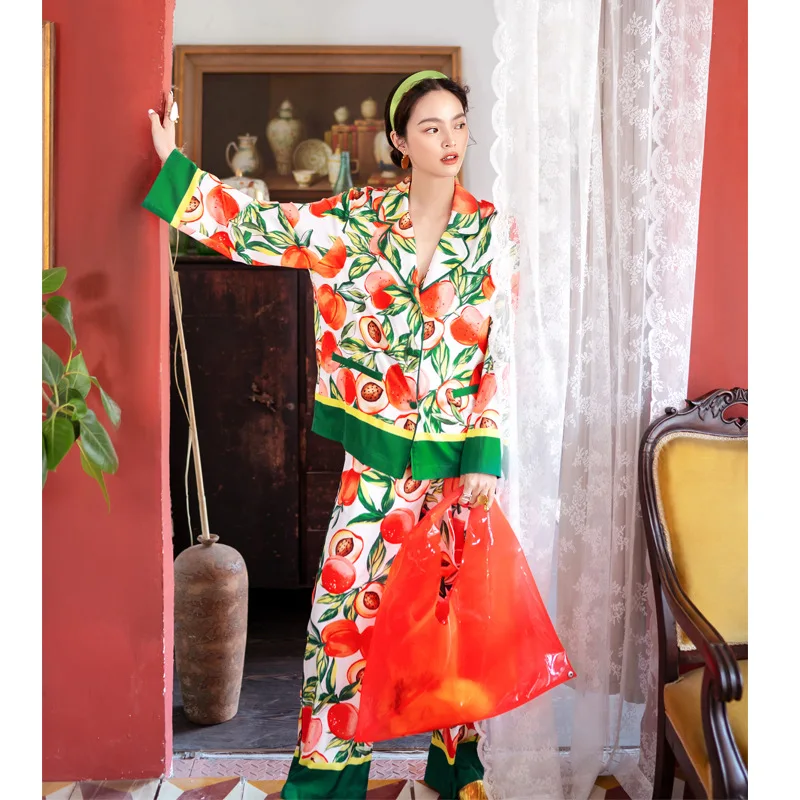 Maison Gabrielle 2021 Spring Summer Tropical Printed Silk Satin Pajamas Set Sleepwear Loungewear for Women Pyjama Femme 2 Pieces