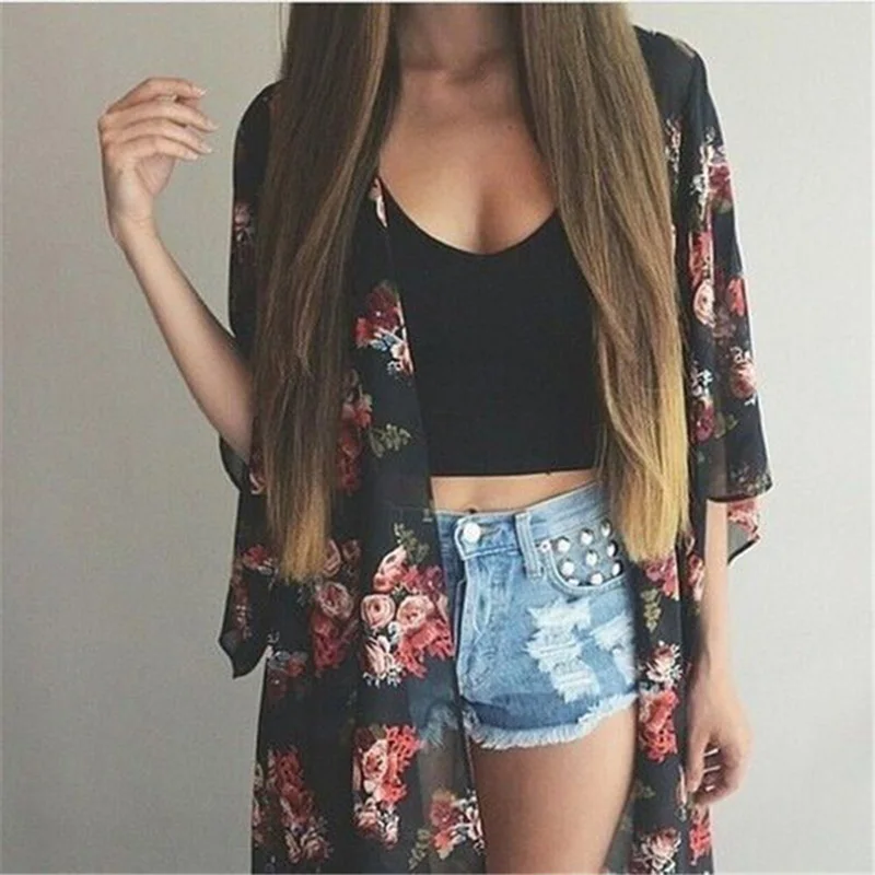 

Women Casual Vintage Kimono Cardigan Ladies 2018 Summer Long Crochet Chiffon Kimono preto Loose flora printed Blouse Tops Black