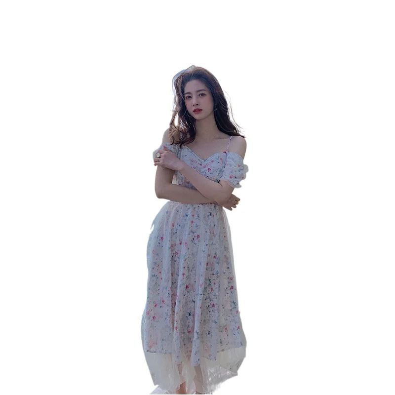 

Females 2021 Chic Korean Style Elegant Midi Dresses Women Casual Short Sleeve Floral Strap Dress V-Neck Summer Beach Dresses