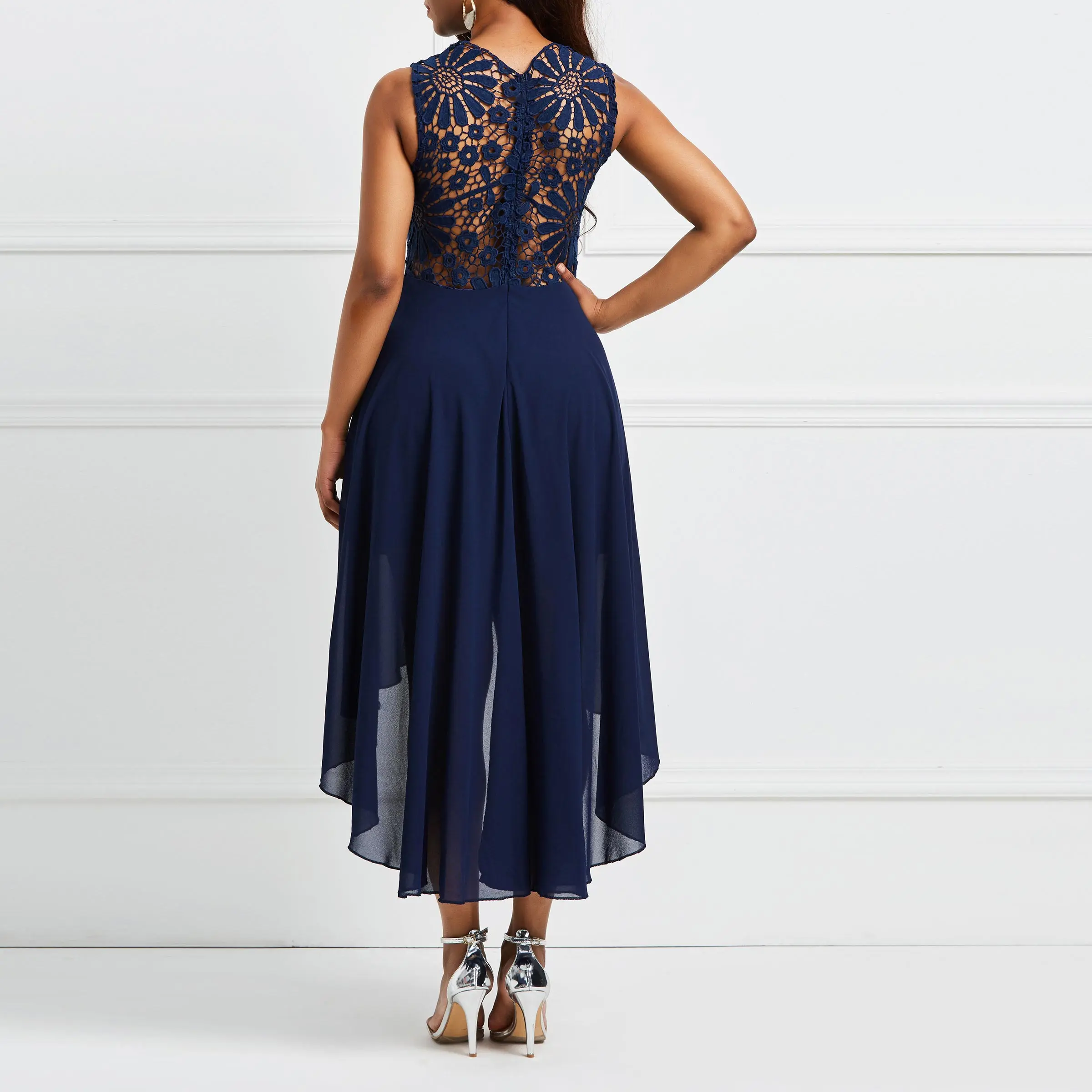 Женское шифоновое винтажное платье темно-синее кружевное асимметричное длинное