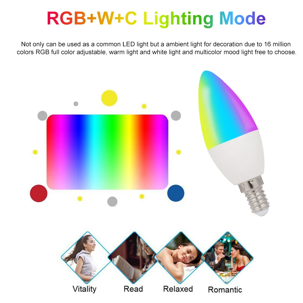WiFi умная лампа RGB + W C Светодиодная свеча E14 с регулируемой яркостью светильник