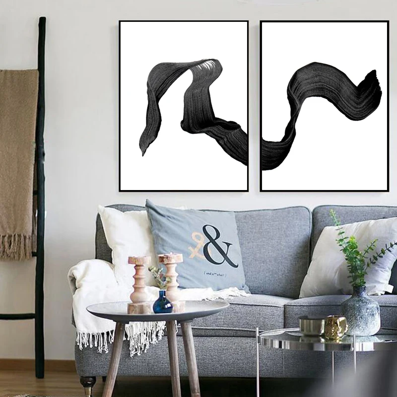 

Abstract Canvas Painting Poster Black and White Fluttering Strip Wall Art Chinese Ink Pictures for Living Room Cuadros Decor
