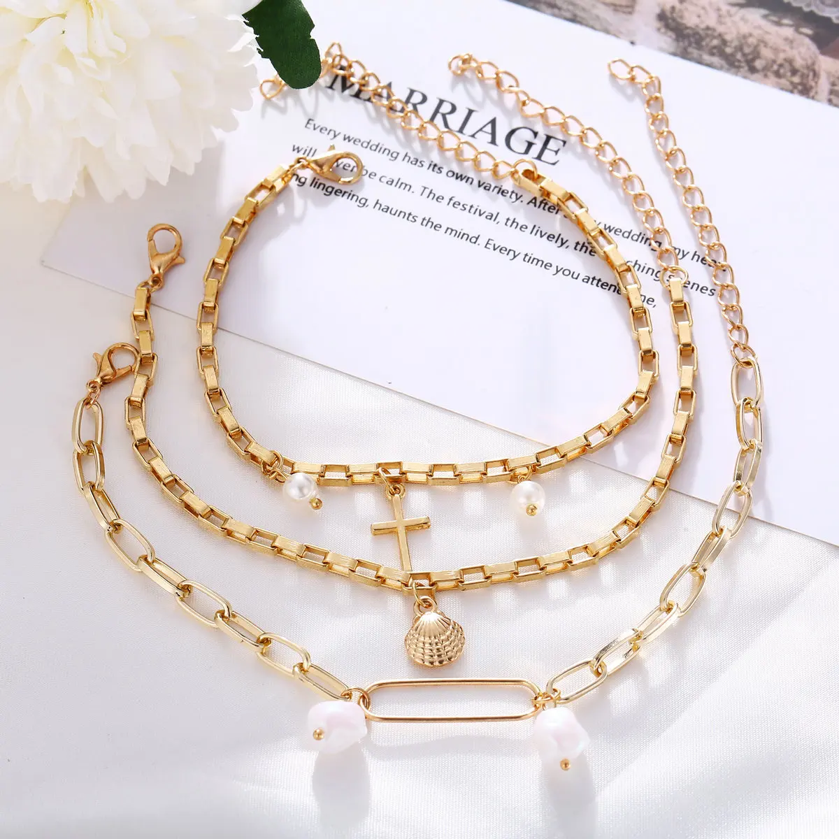 

Fashion Women's Retro Star Thick Chain Bracelet Set Pearl Shell Cross Boho Gold Round Irregular Bracelet Party Gift Jewellery