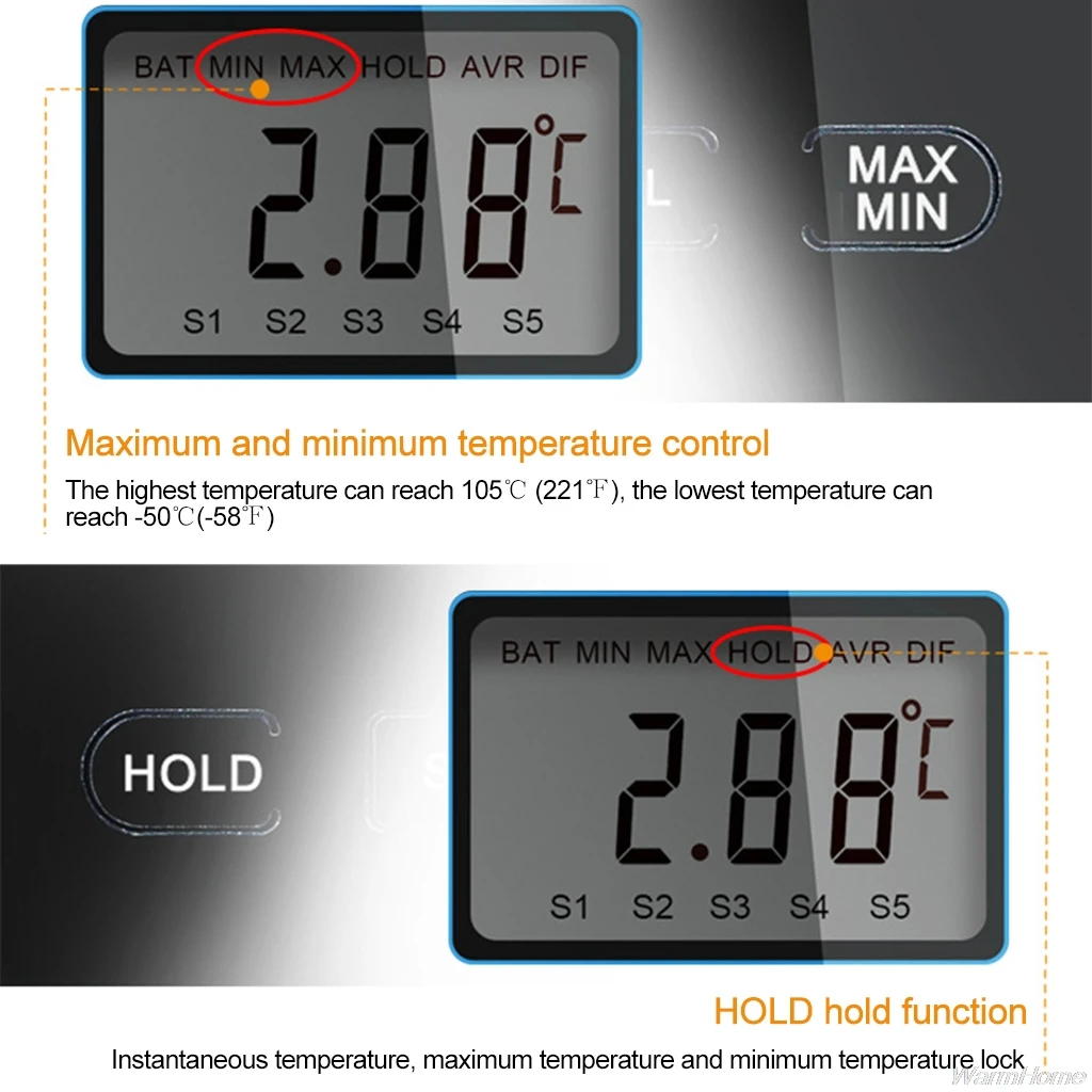 

5 Probes Multi-point Thermometer laboratory thermometers with Average Max Min Lock Hold / Function A07 21 Dropshipping