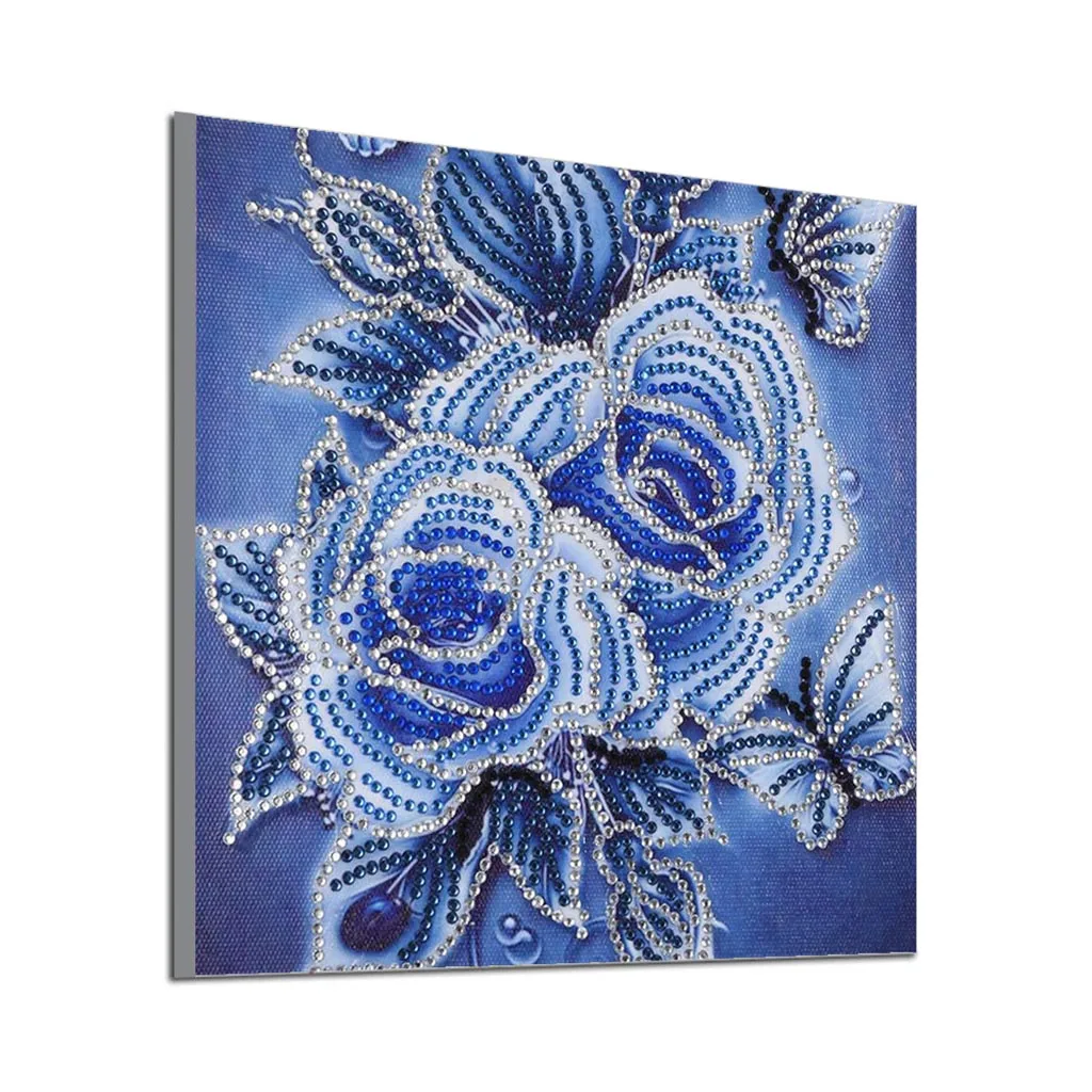Алмазная картина в особой форме голубая роза цветок Бабочка Современный Узор